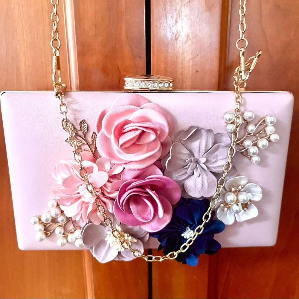 Elegant Floral & Pearl & Crystal Embellished Evening Clutch & Crossbody Bag